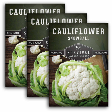 Three packages of Survival Garden Seeds Cauliflower Snowball on a white background