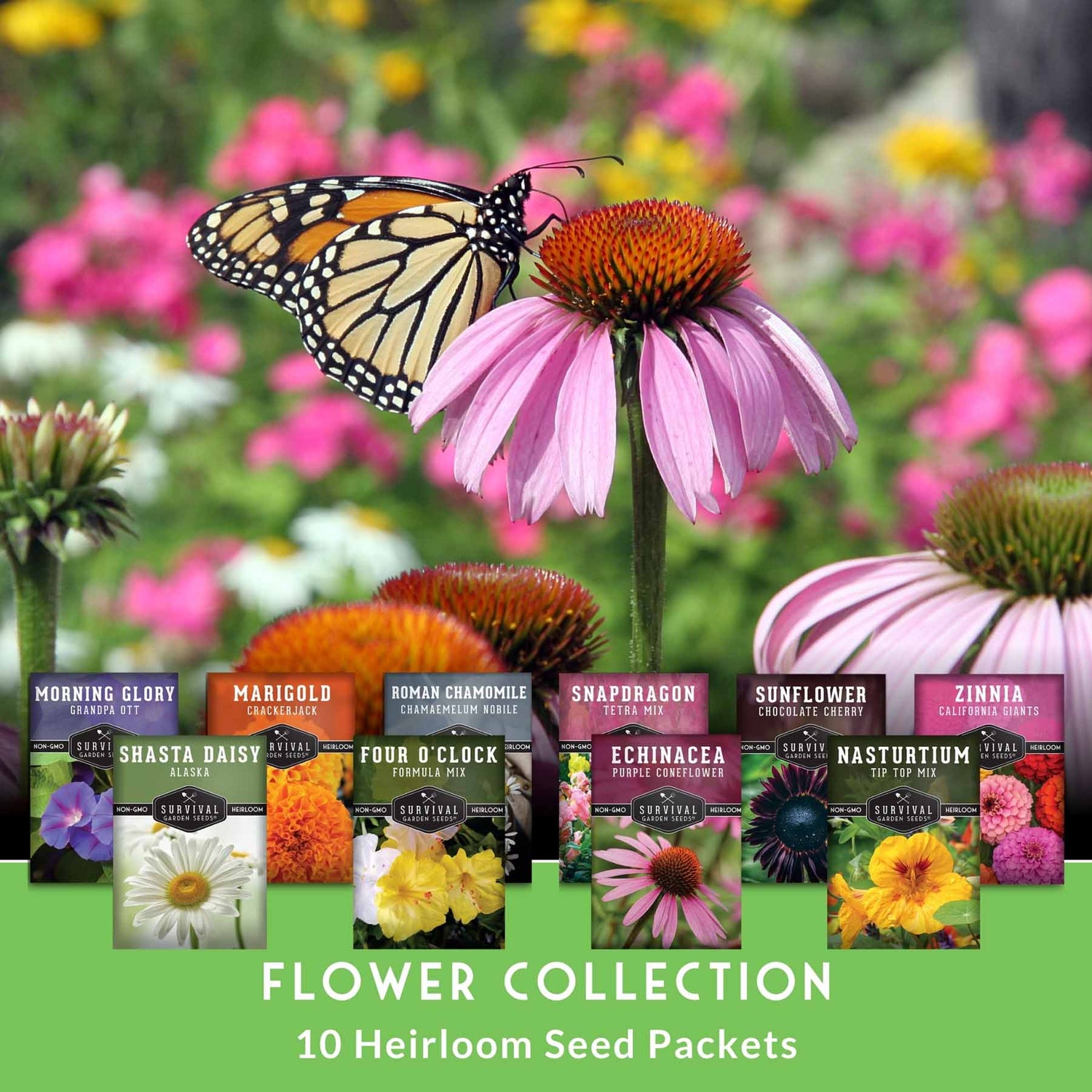 Flower collection with seed packets and a butterfly on a pink flower.