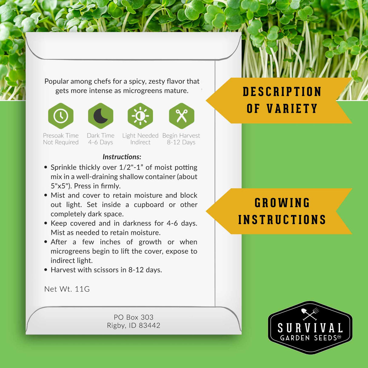 Survival Garden Seeds packaging with growing instructions and variety description on a green background