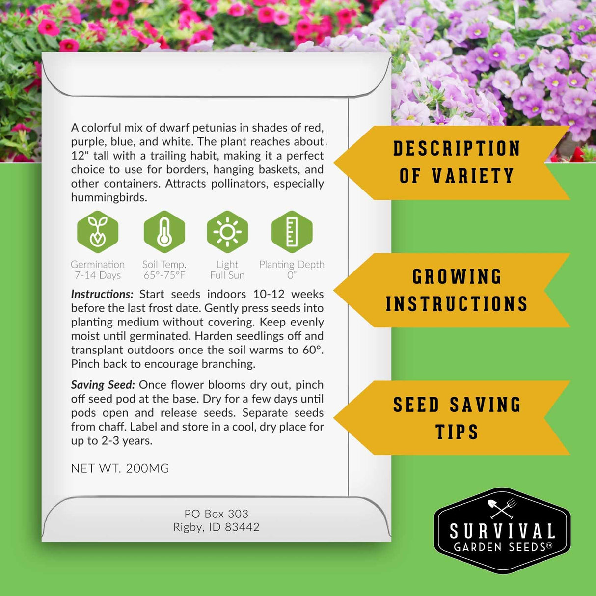 Seed packet with growing instructions and product details on a green background with flowers.