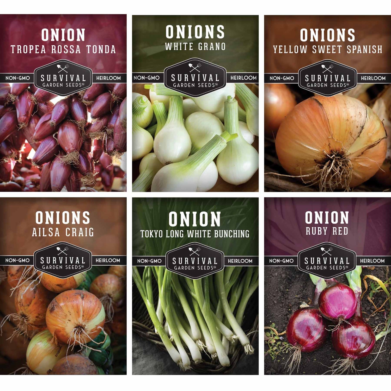 Collection of Survival Garden Seeds onion varieties with images and names.