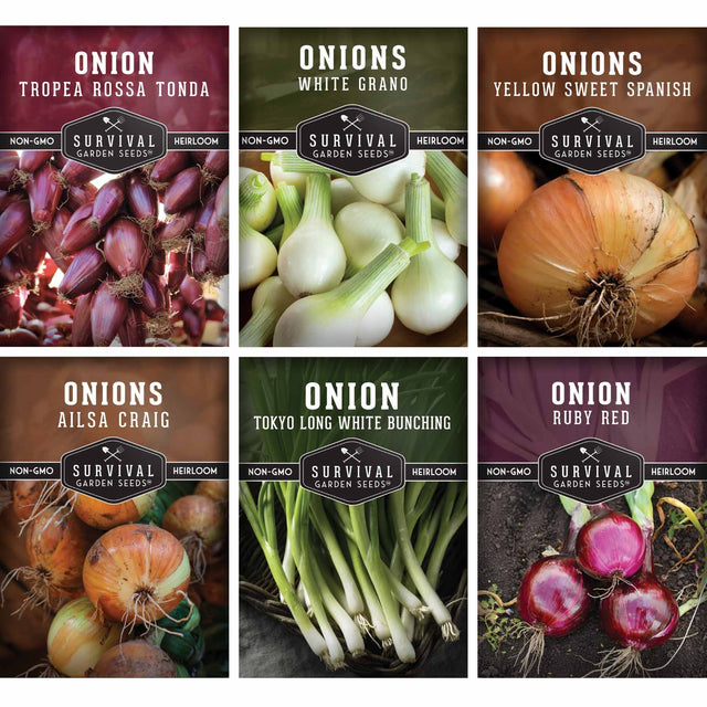 Collection of Survival Garden Seeds onion varieties with images and names.