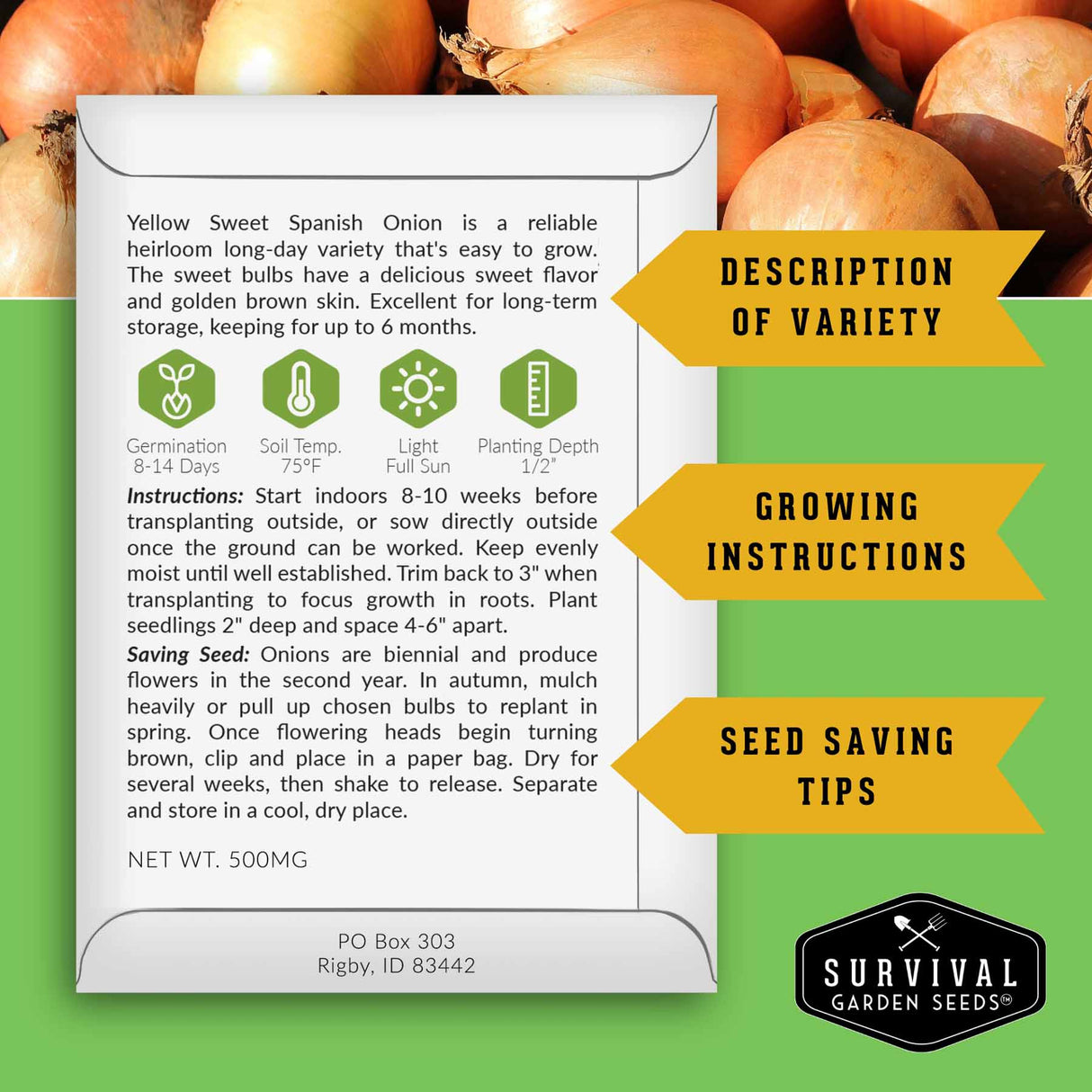 Seed packet for Yellow Sweet Spanish Onion with growing instructions and seed saving tips on a green background with onions.
