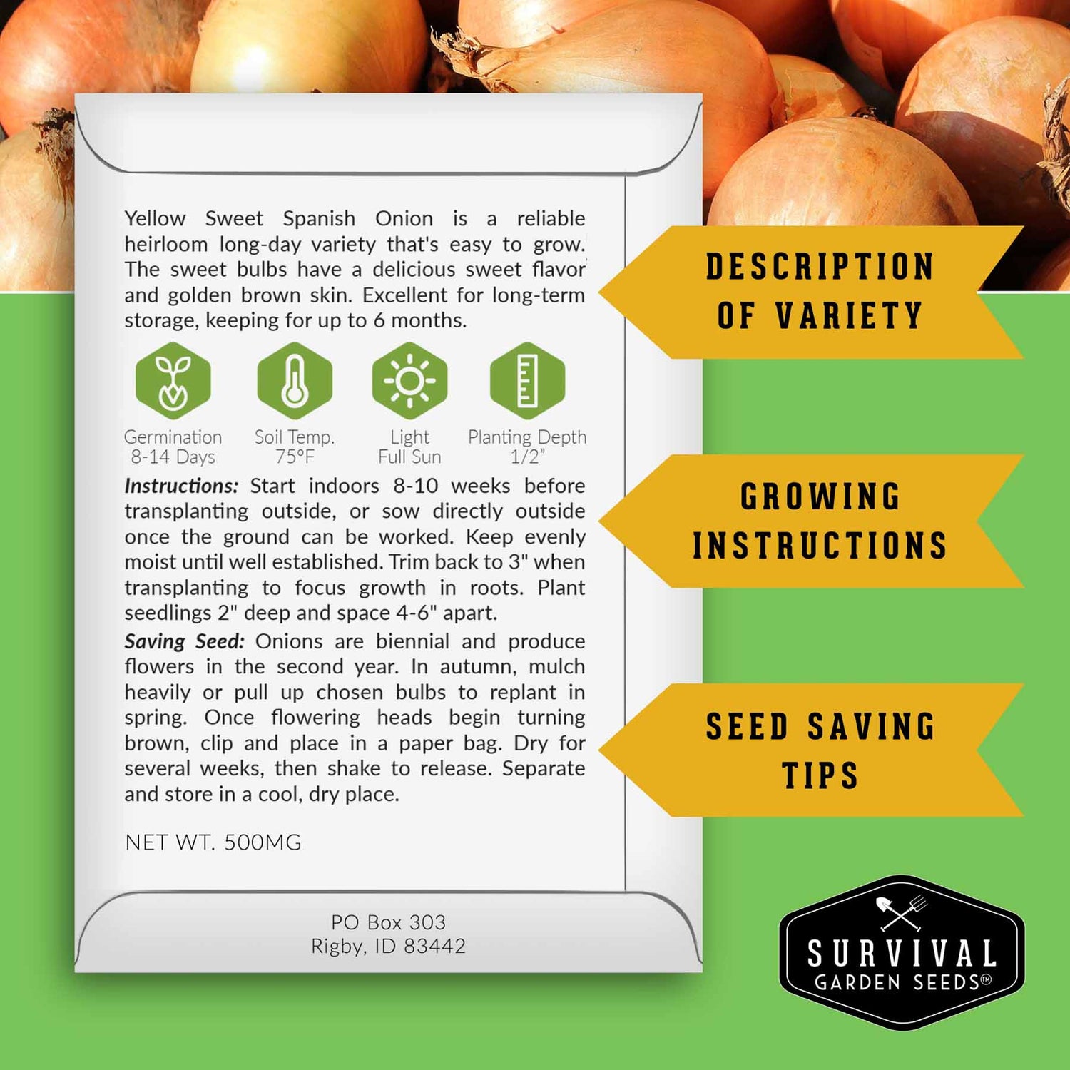 Seed packet for Yellow Sweet Spanish Onion with growing instructions and seed saving tips on a green background with onions.