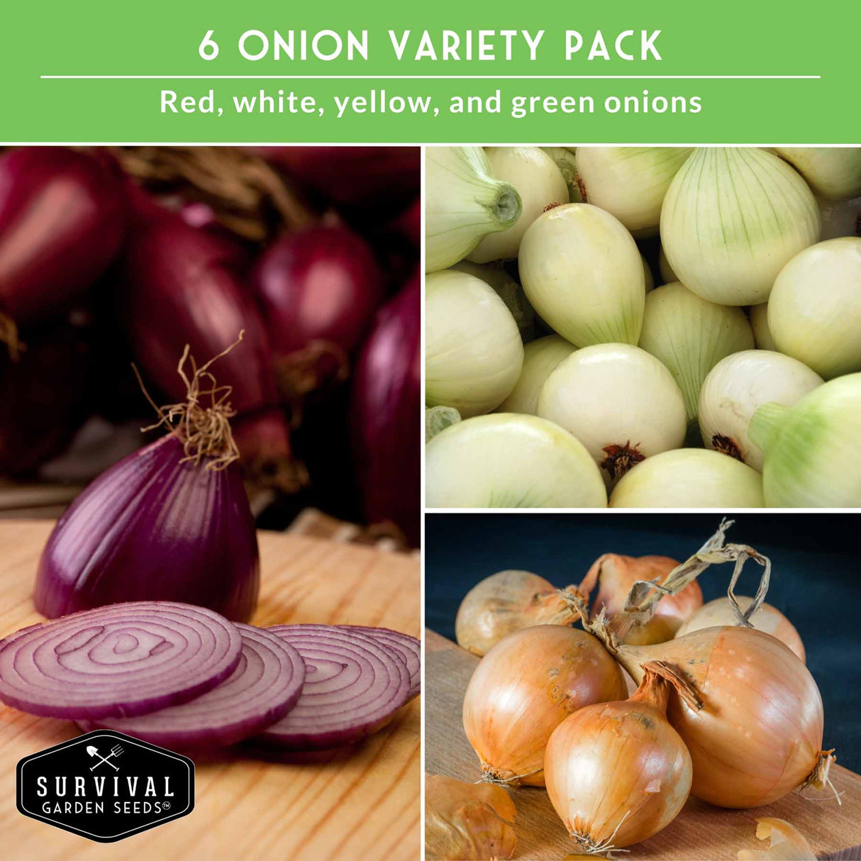 Collage of red, white, yellow, and green onions with 'Survival Garden Seeds' logo.