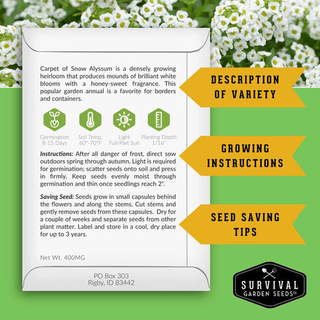 Alyssum seed packet back with growing instructions and seed saving information