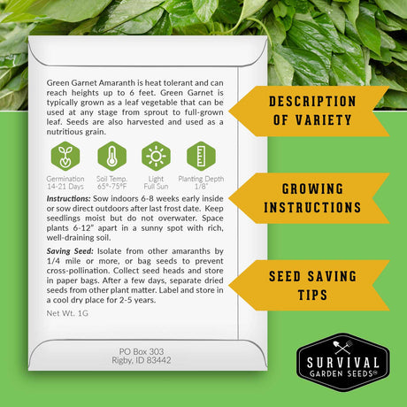 Green Amaranth seed packet with growing instructions and seed saving tips on a green background