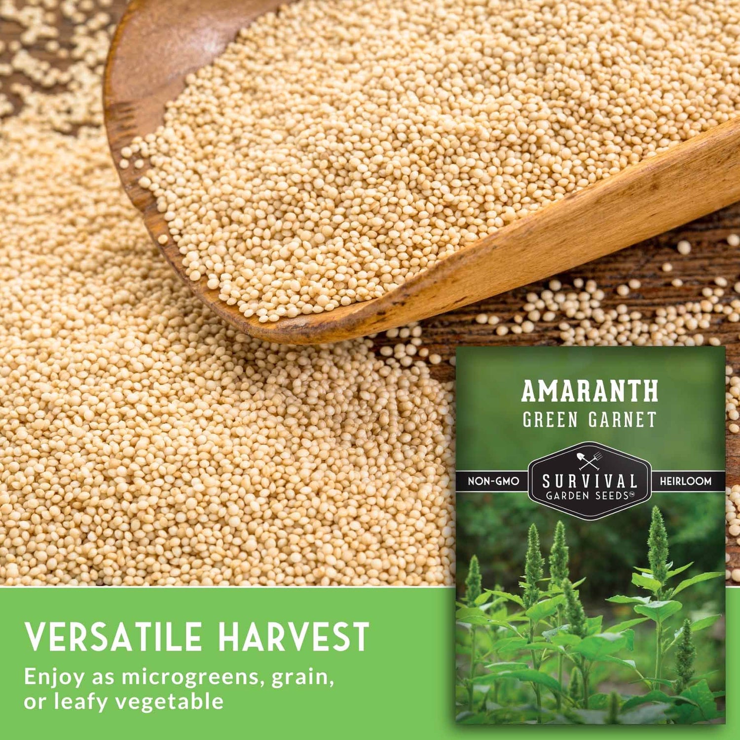 Amaranth seeds in a wooden scoop with a seed packet labeled 'Survival Garden Seeds' on a textured background.
