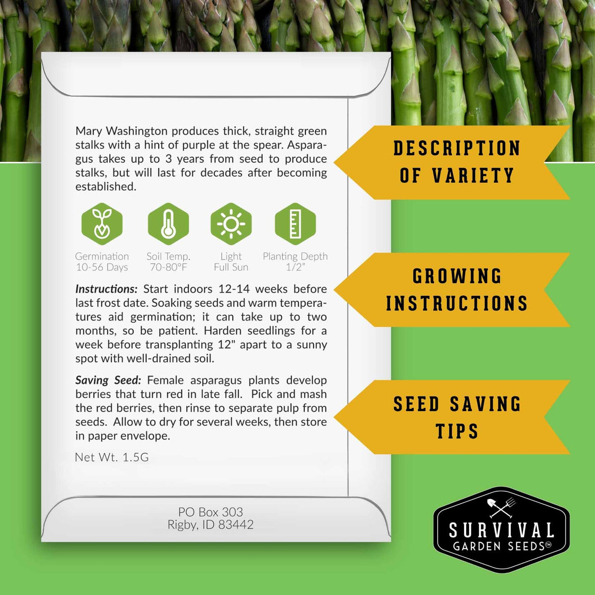 A printed asparagus seed saving and growing information card from Survival Garden Seeds, shown over a photo of green asparagus stalks. The card includes variety description, growing instructions, saving seed tips, and icons for germination, soil temperature, light, and planting depth.