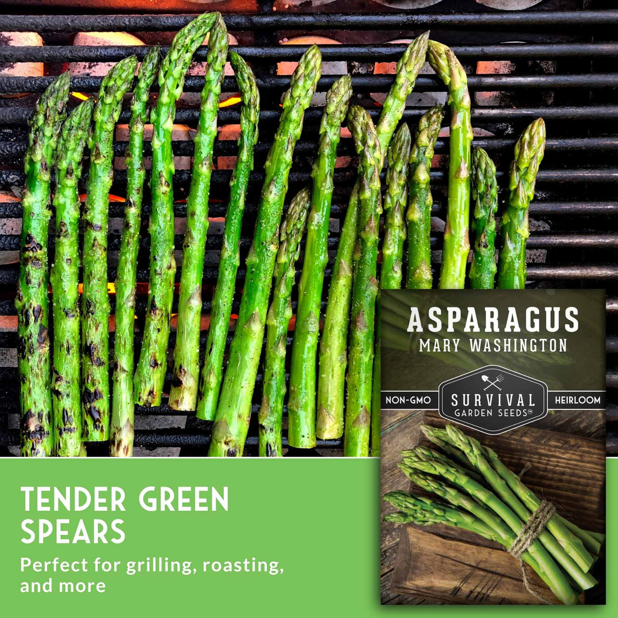 Grilled asparagus spears on a black grill with visible flames, alongside a product label for Mary Washington Tender Green Spears asparagus from Survival Garden Seeds.