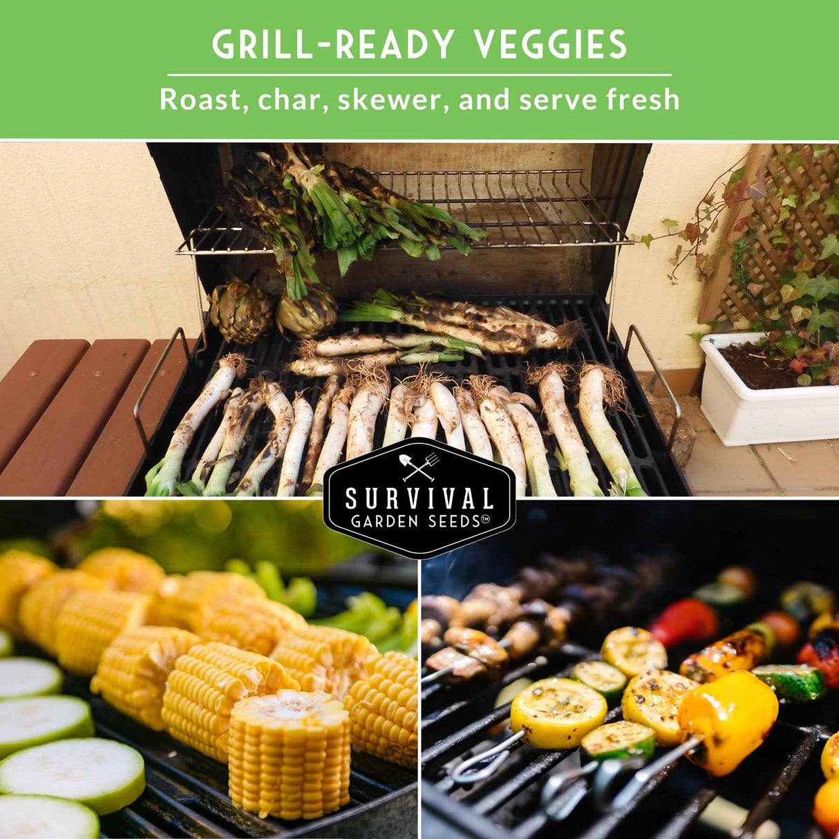 Collage of grill-ready vegetables being prepared on a grill with 'Survival Garden Seeds' branding.