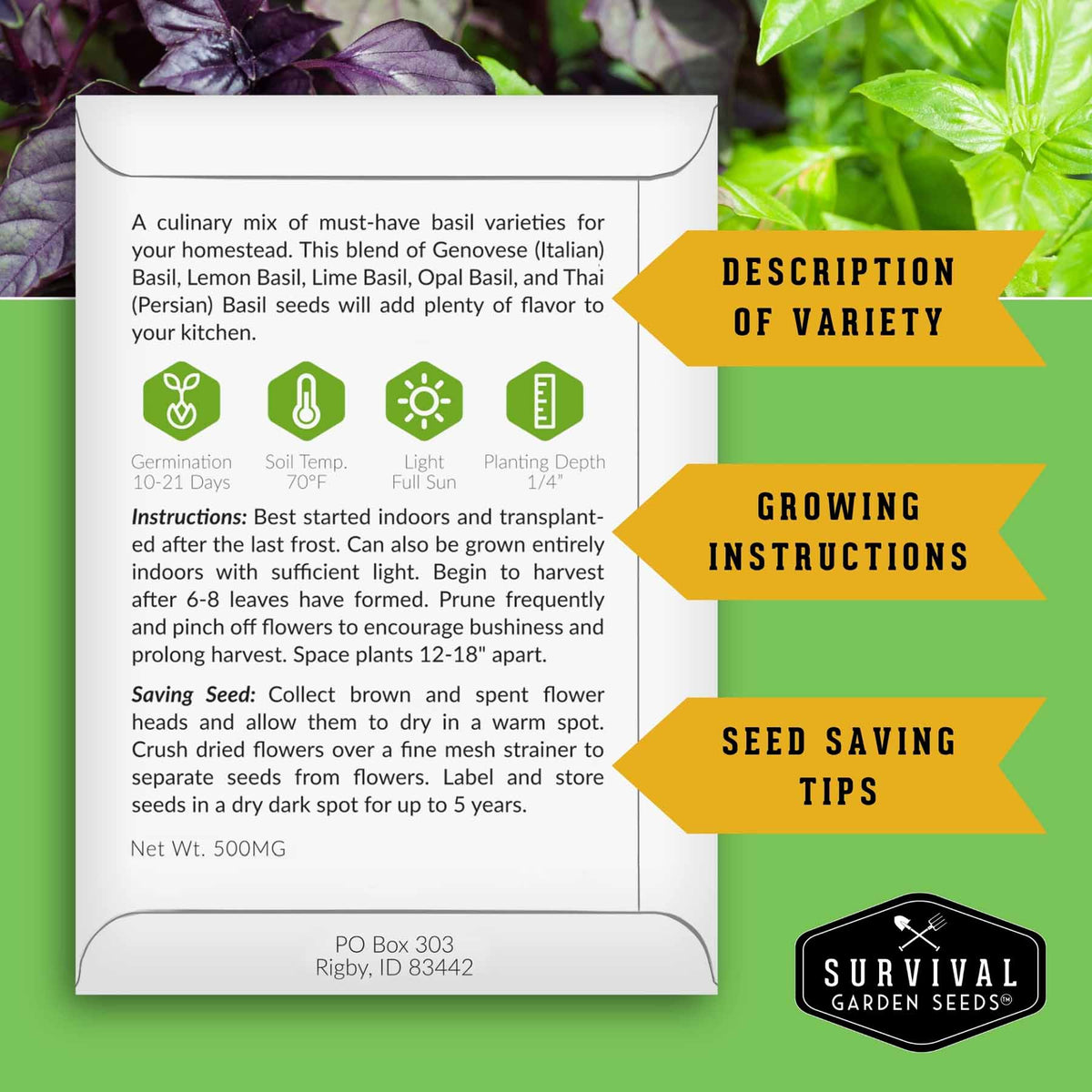 An informational poster-style graphic for basil seeds from Survival Garden Seeds, showing a white card with growing facts, icons, and instructions, surrounded by green leaves on a light background with three yellow callout banners reading Description of Variety, Growing Instructions, and Seed Saving Tips.
