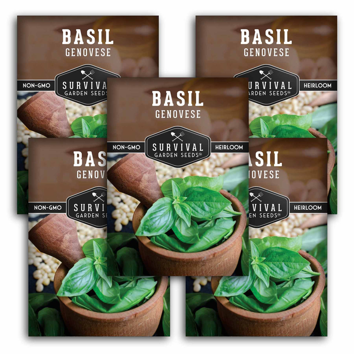 Survival Garden Seeds Basil Genovese packaging with basil plants in pots on a white background