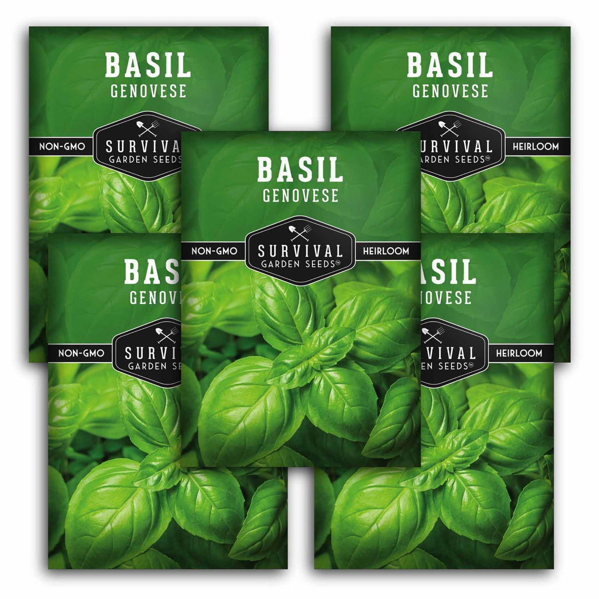 Five seed packet packages for Basil Genovese survival garden seeds arranged in a fan shape, featuring a vibrant green basil leaf pattern with black and white text.