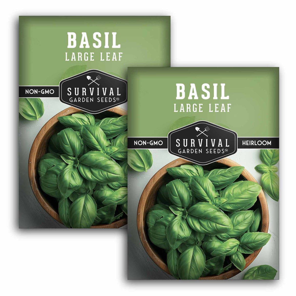 Two packages of Survival Garden Seeds Basil Large Leaf on a white background