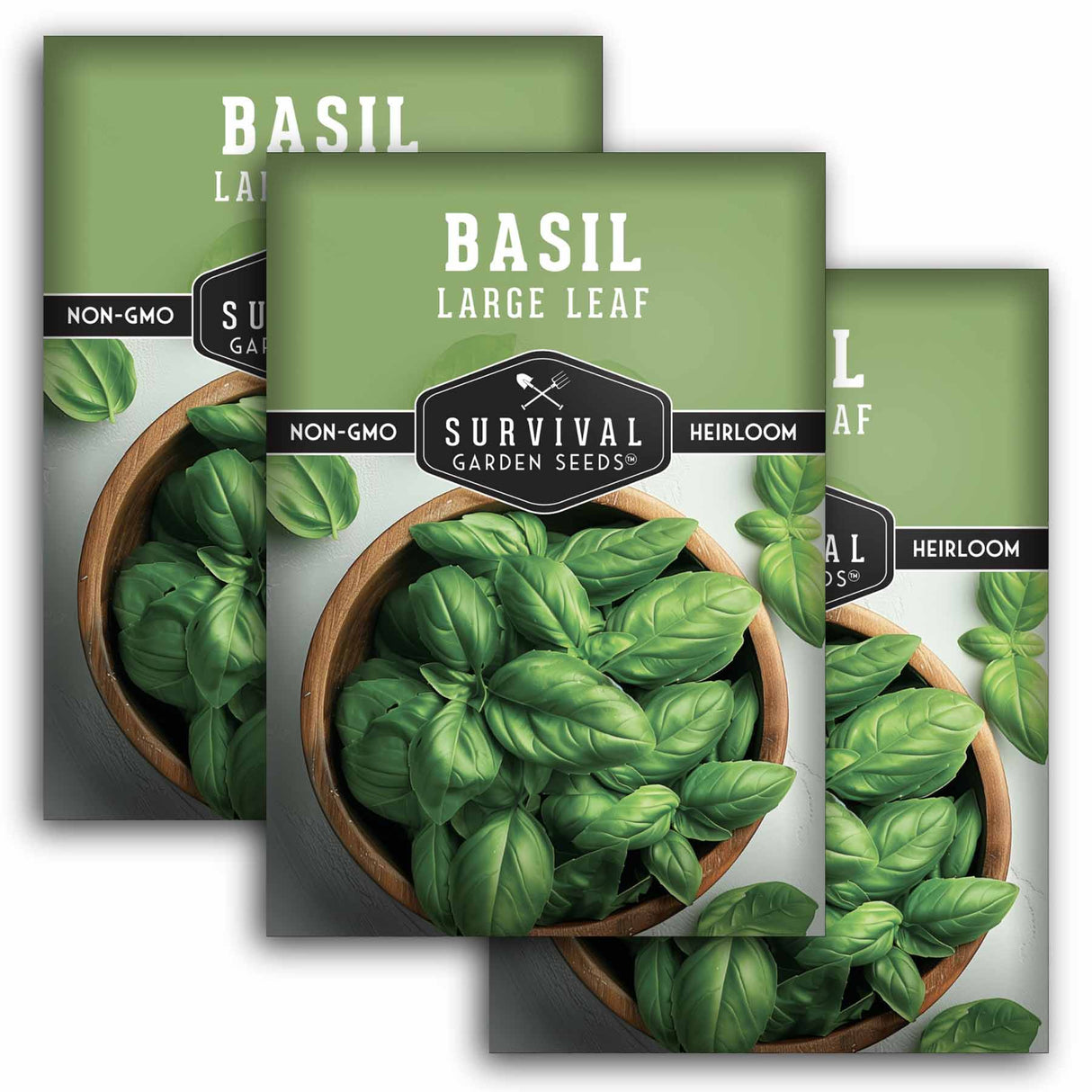 Three packages of Survival Garden Seeds basil large leaf seeds with a wooden bowl of basil leaves on a white background.