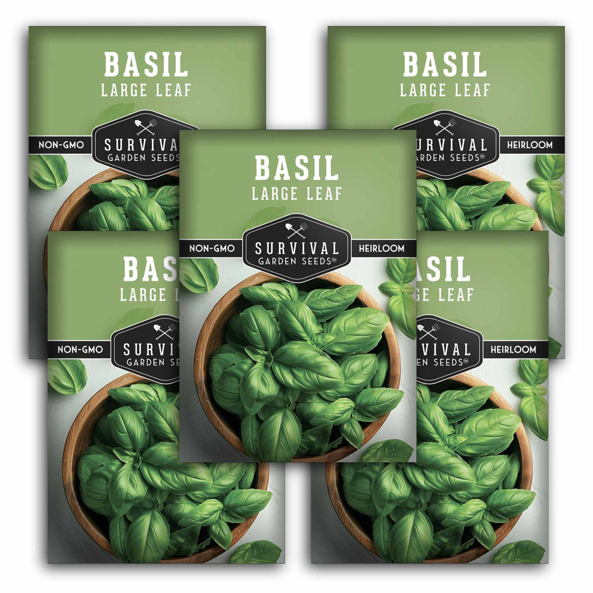 5 Survival Garden Seeds basil large leaf seed packets on a white background