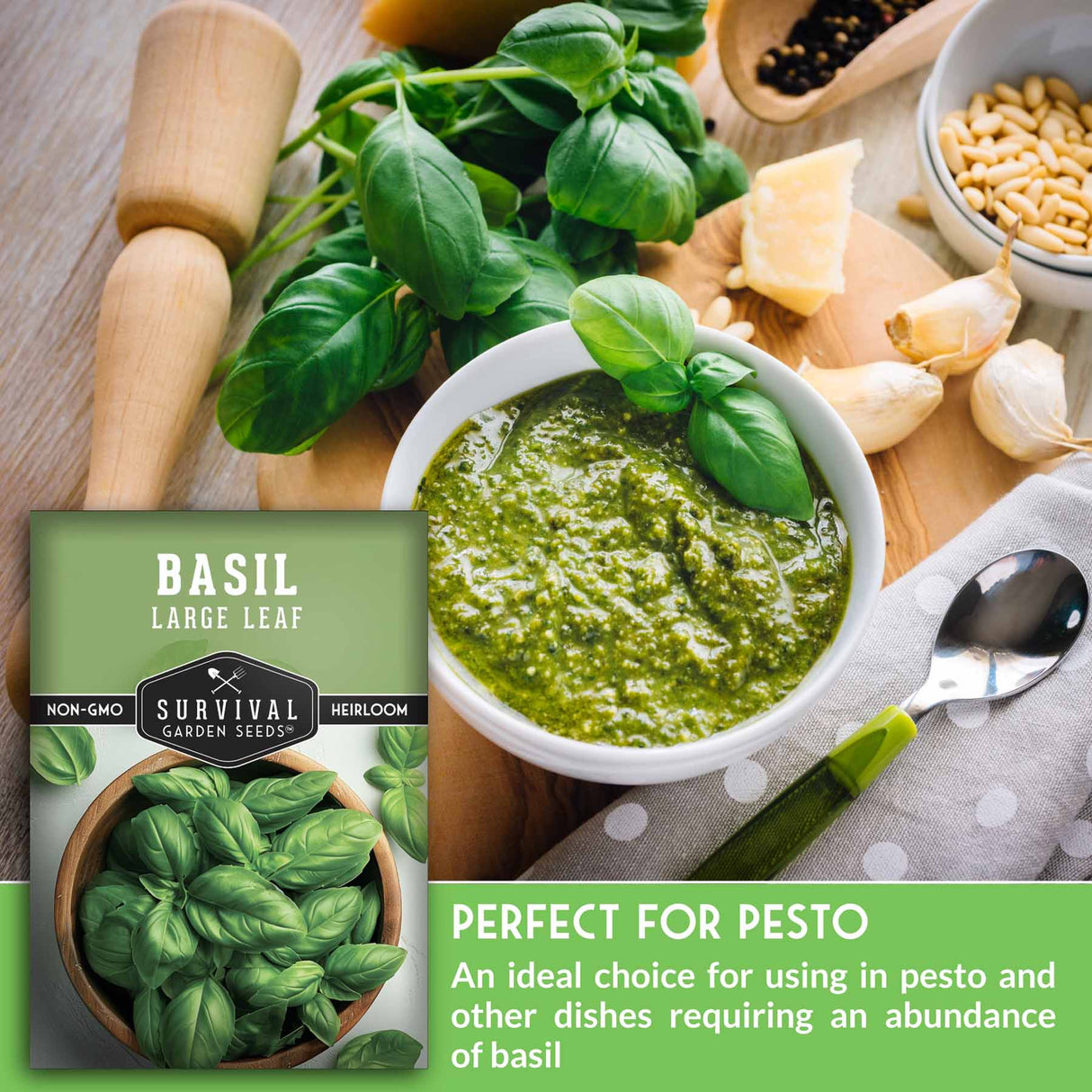 Bowl of pesto with basil leaves, a package of Survival Garden Seeds basil seeds, and cooking ingredients on a wooden surface.