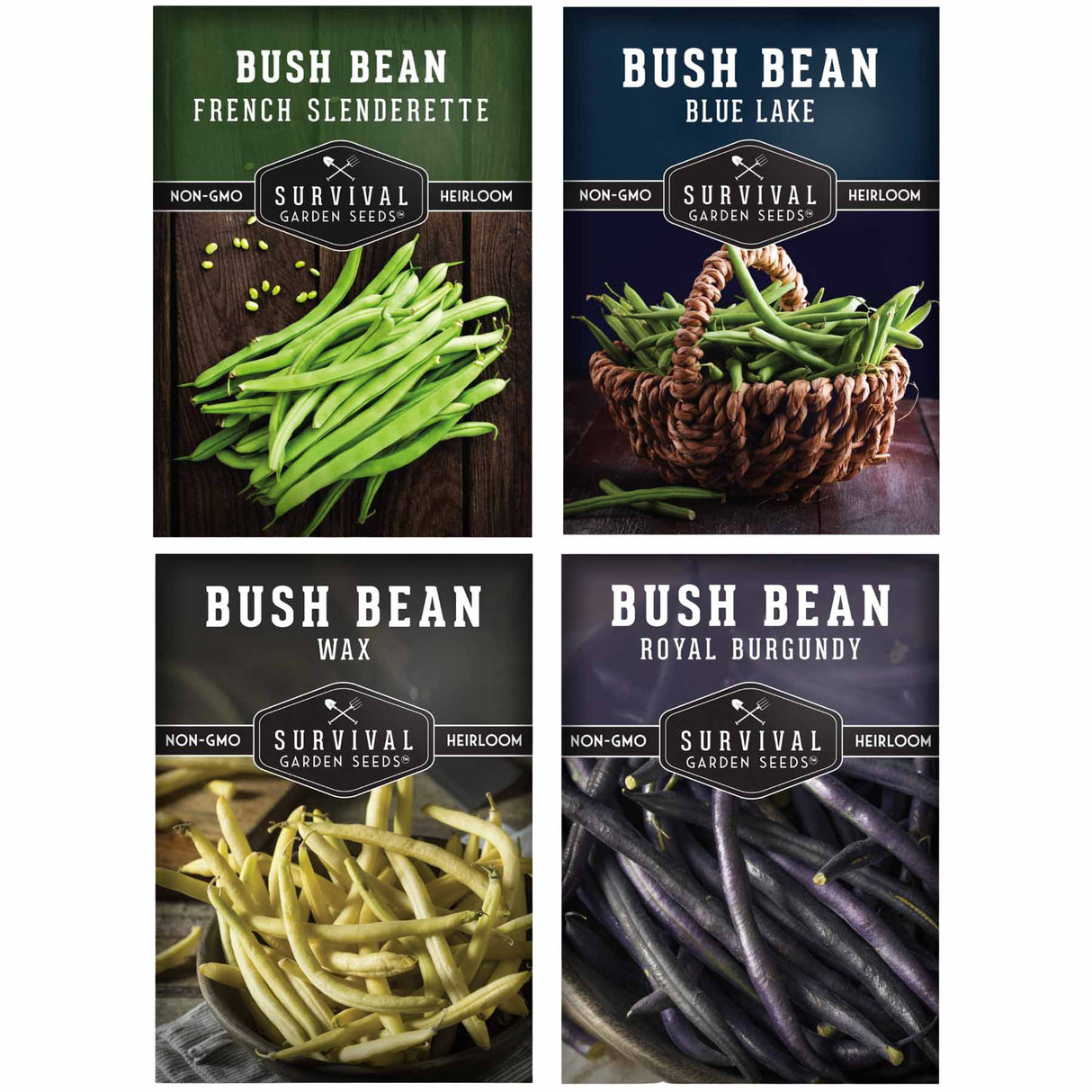 Four packages of Survival Garden Seeds bush bean varieties on a white background.