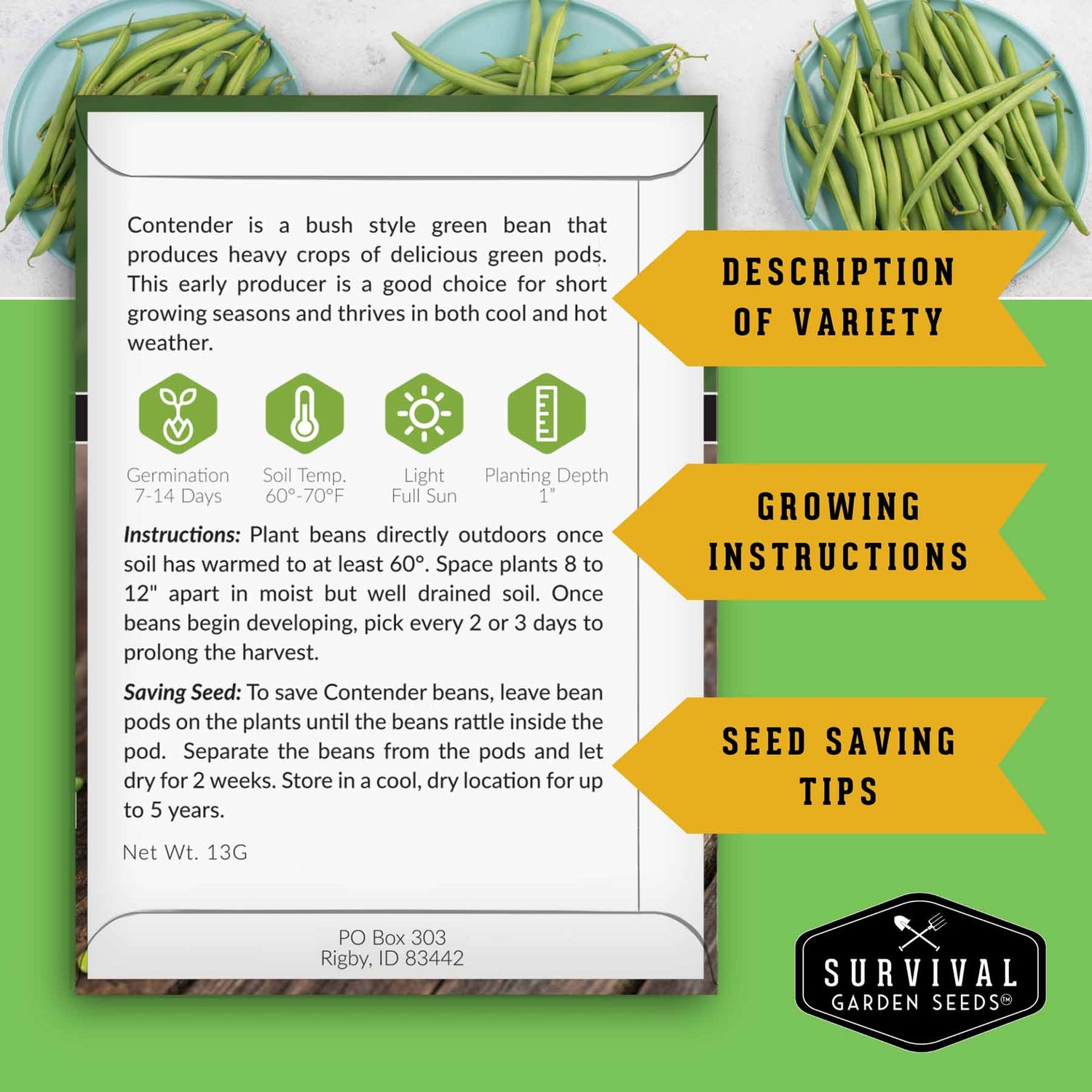 Survival Garden Seeds packaging for Contender green bean with text and images of green beans.