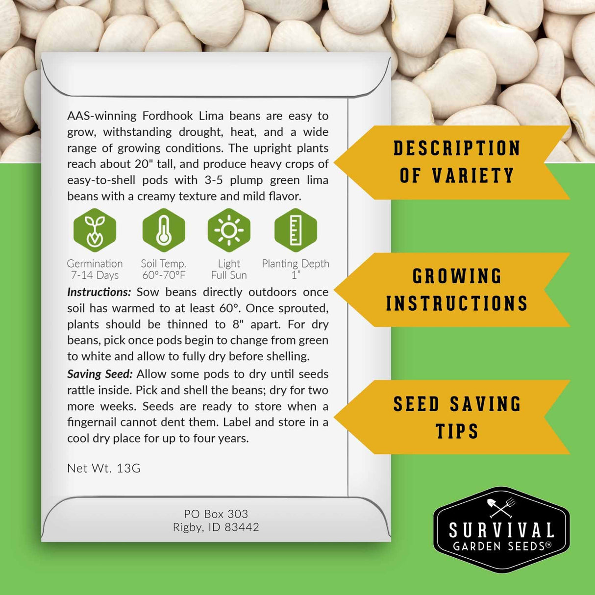 An informational product graphic for AAS-winning Fordhook Lima beans from Survival Garden Seeds. The layout features a white card with text and icons detailing growing conditions, instructions, and seed-saving tips, set against a background of green and light gray with a photo of lima beans.
