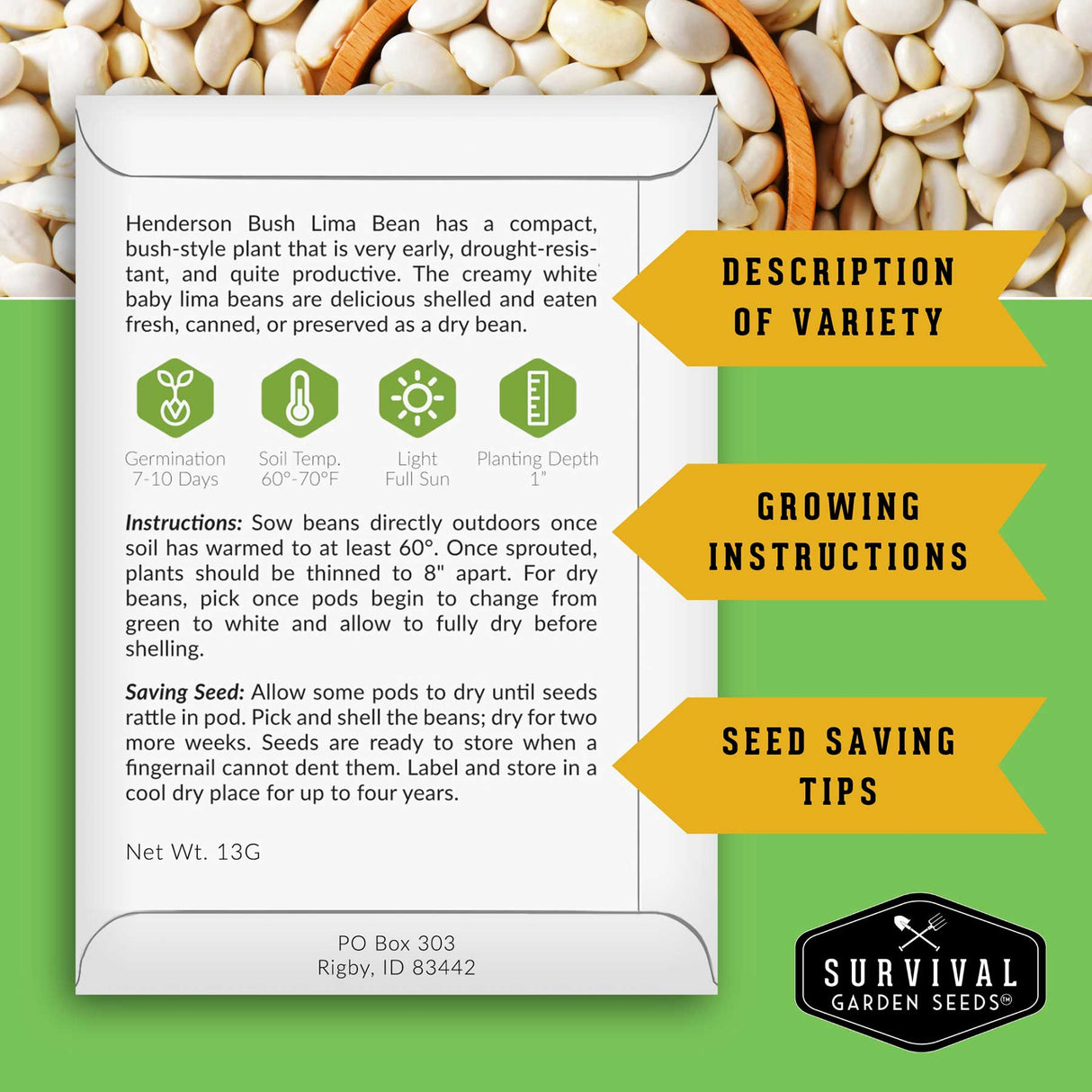 Seed packet for Henderson Bush Lima Beans with growing instructions and tips on a green background.