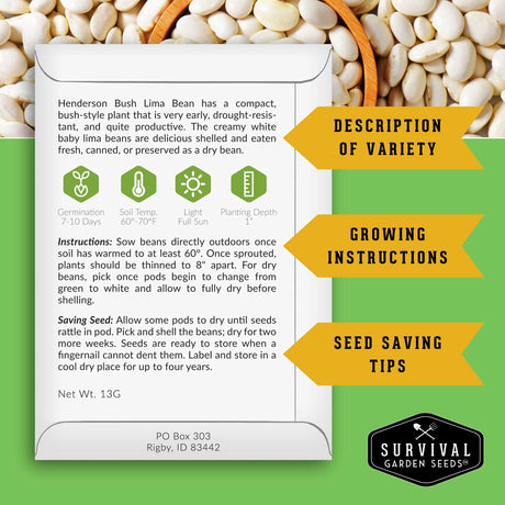 Seed packet for Henderson Bush Lima Beans with growing instructions and tips on a green background.