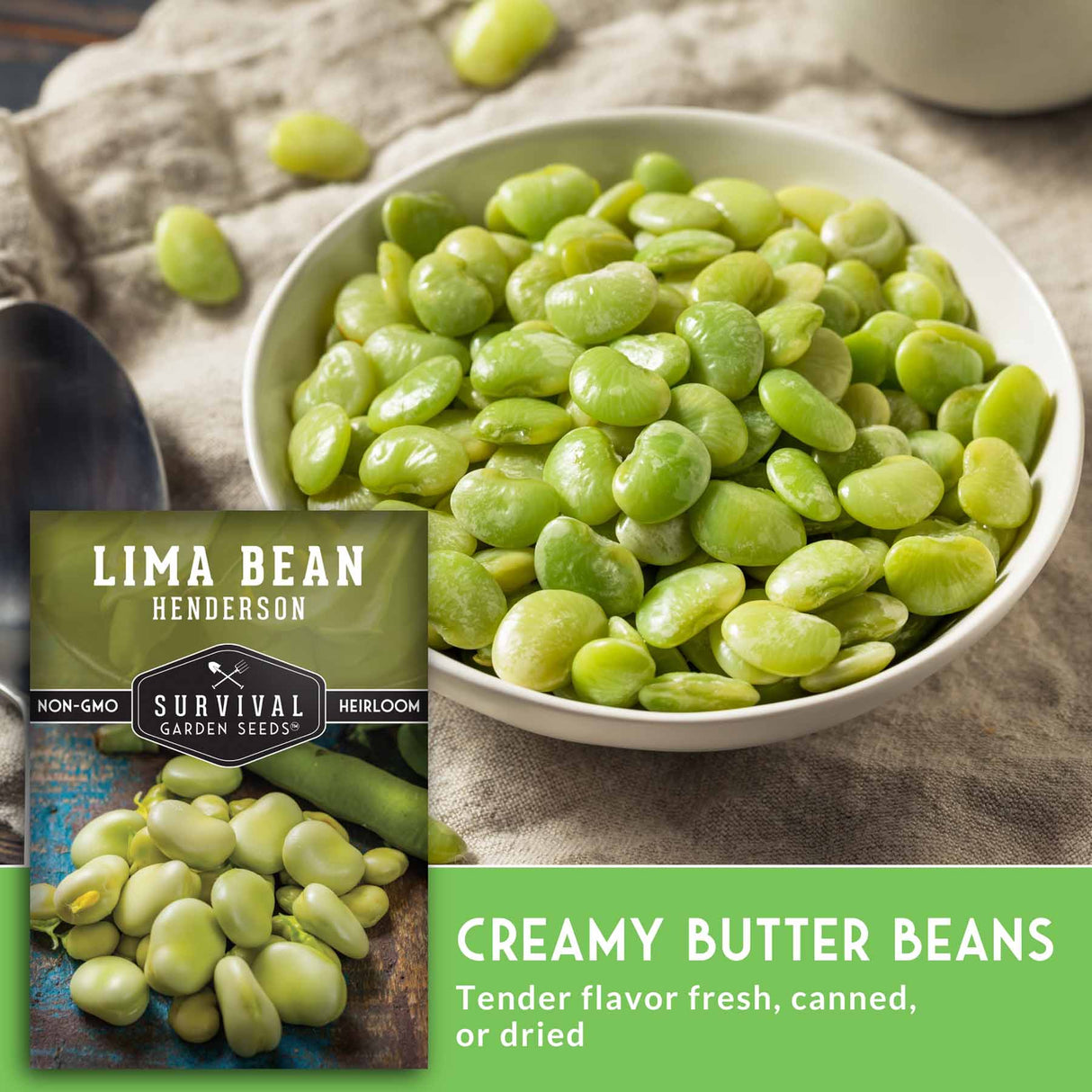 White bowl filled with lima beans next to a package of lima bean seeds on a textured surface.