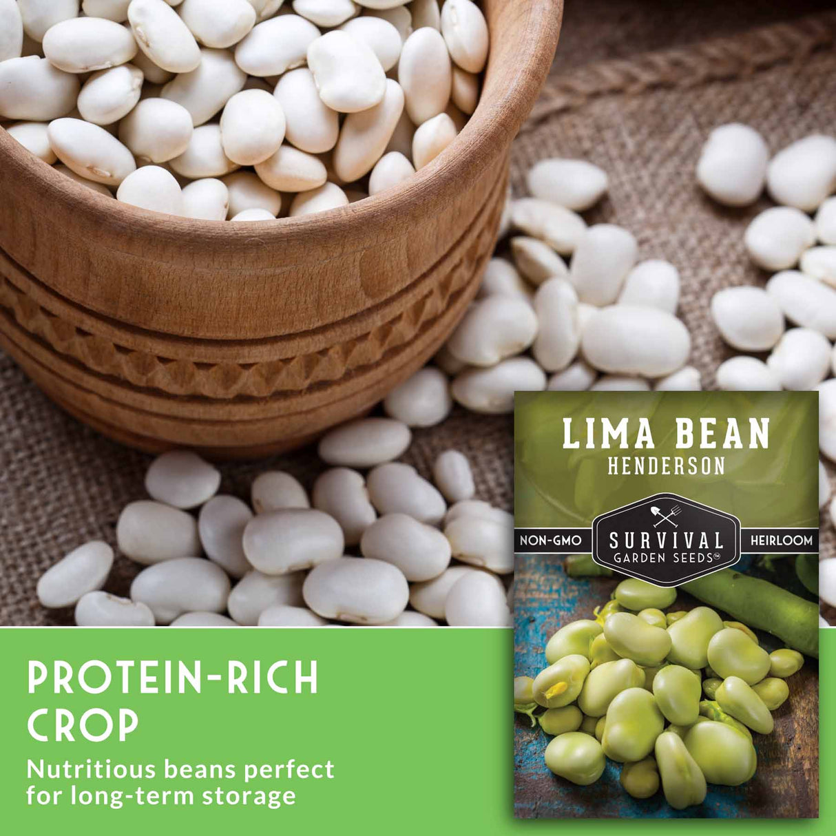 Wooden bowl filled with white lima beans on a burlap background, with a seed packet labeled 'Lima Bean Henderson' from Survival Garden Seeds.