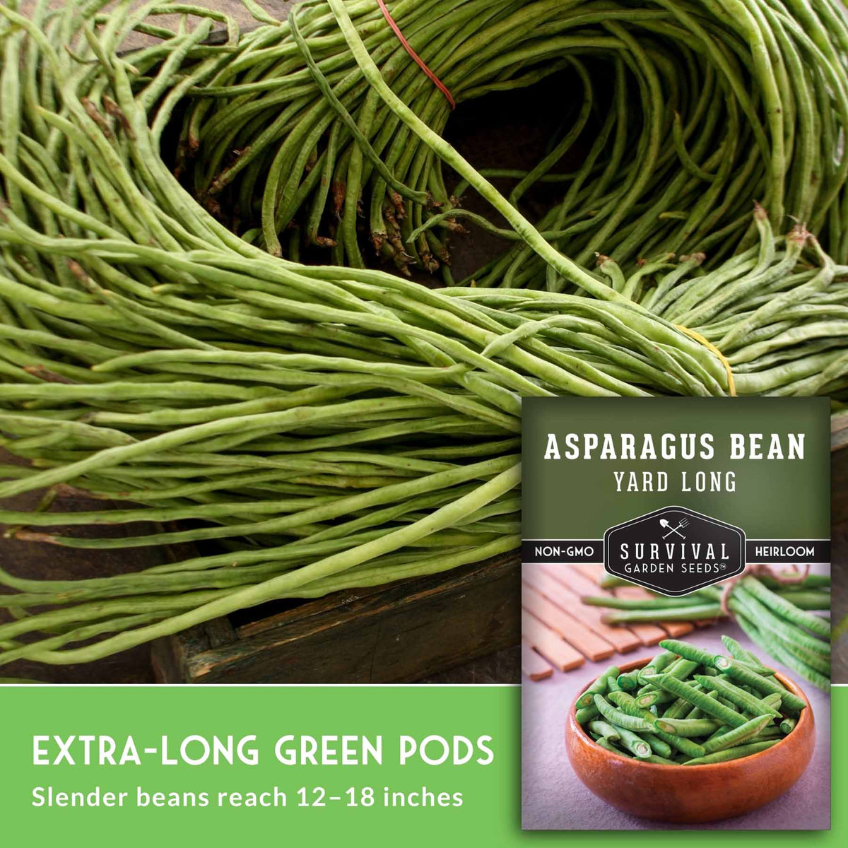 Seed packet for Survival Garden Seeds Asparagus Bean Yard Long, shown over a photo of harvested slender green beans coiled in a basket, with text noting extra-long green pods reaching 12-18 inches.