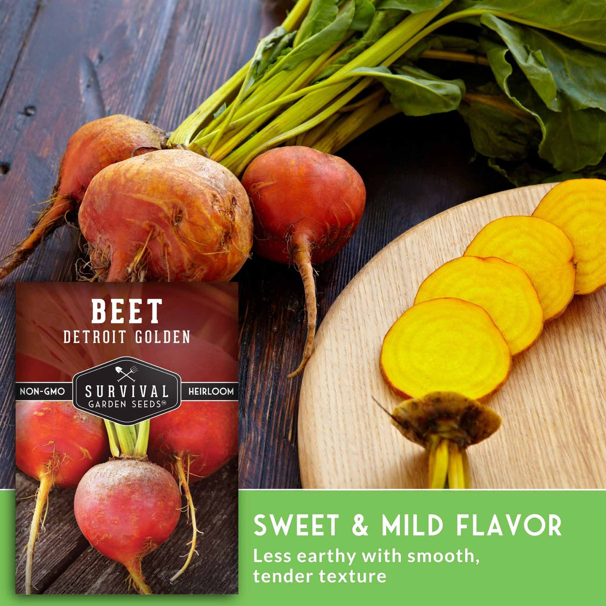 Survival Garden Seeds Detroit Golden beet seeds shown with fresh red beets, sliced yellow-orange beets on a wooden board, and the product packaging on a dark rustic background.