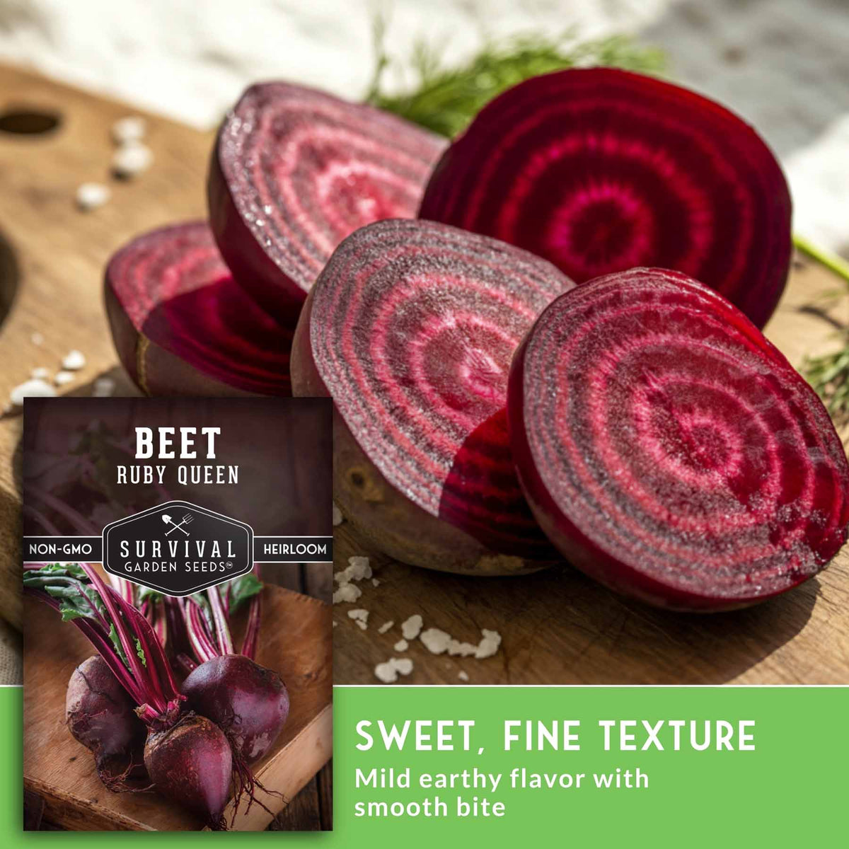 Sliced beet roots on a wooden cutting board with a seed packet labeled 'Beet Ruby Queen' and a green text banner describing the sweet, fine texture and mild earthy flavor.