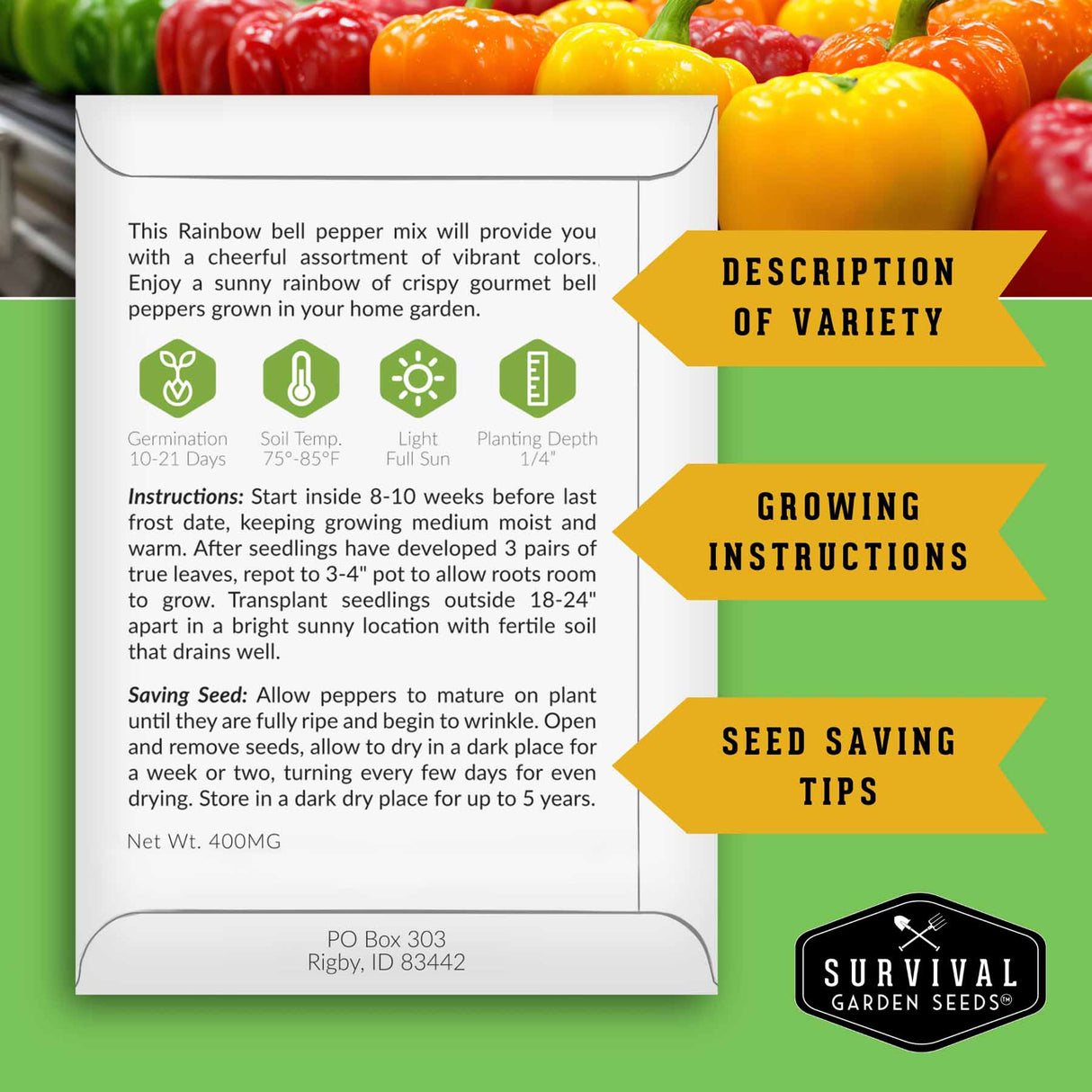 Pepper seed packet back with growing instructions and seed saving info