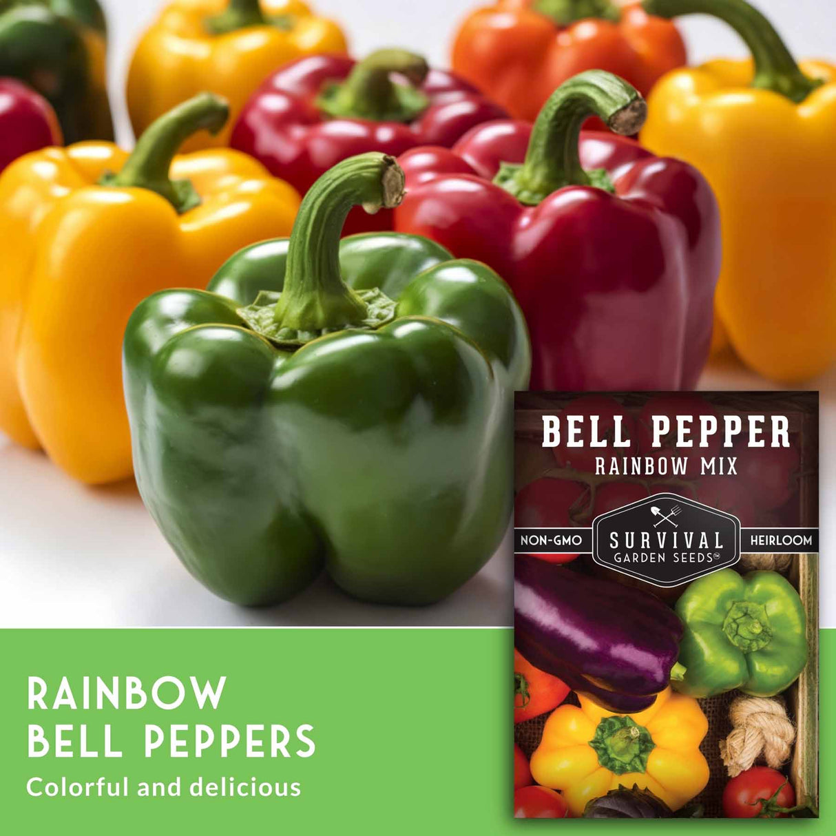 colorful bell peppers with text that says Rainbow Bell Peppers