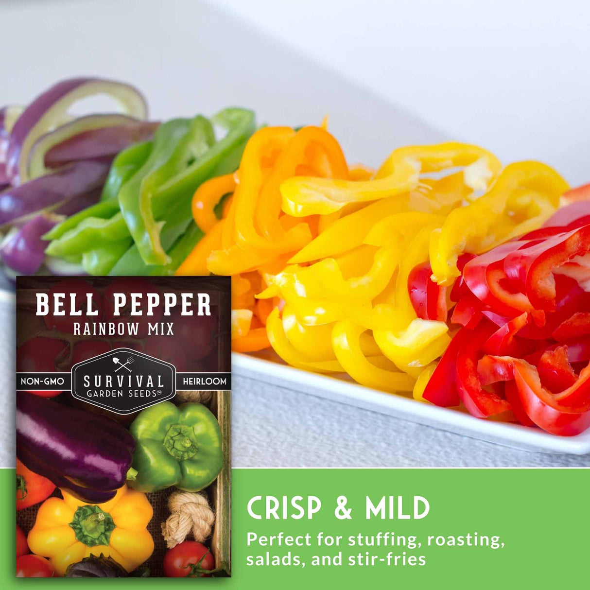 Sliced red, yellow, green and purple bell peppers