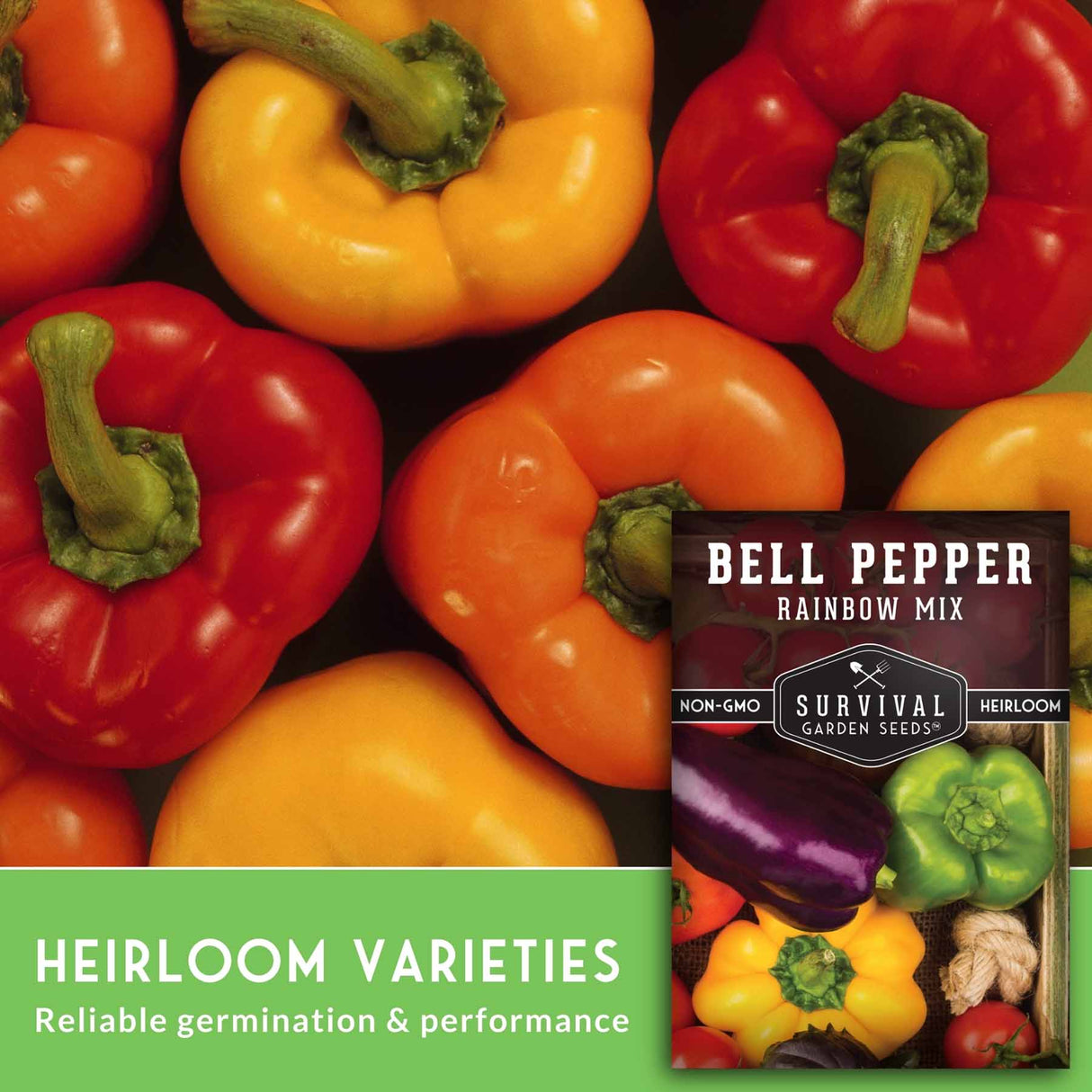 colorful bell peppers with text that says Heirloom Varieties