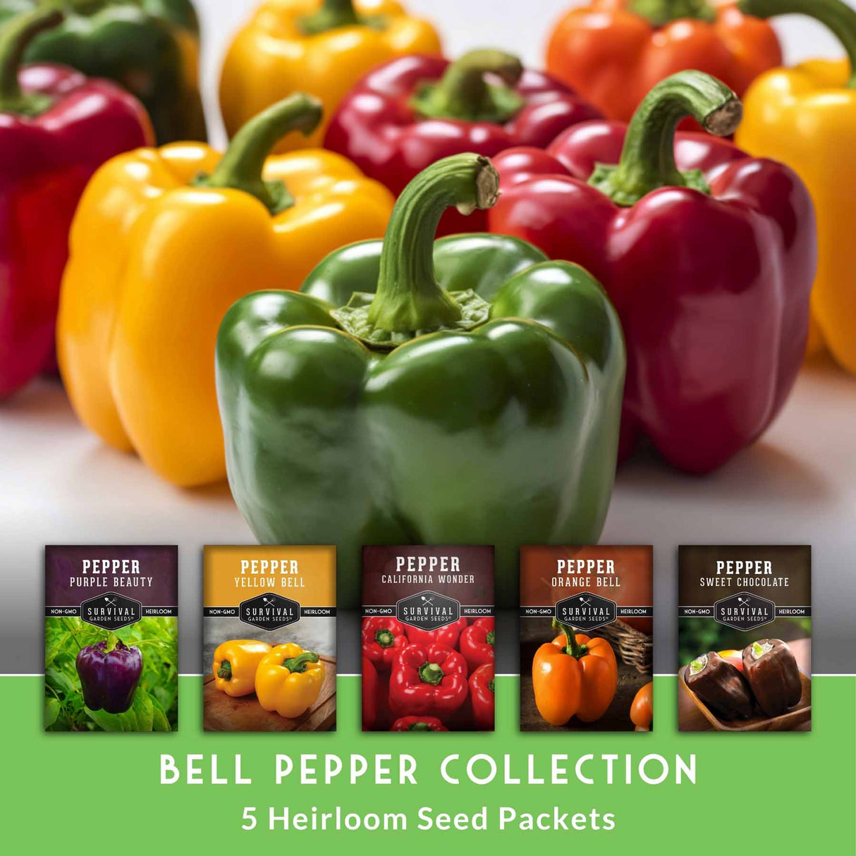 Colorful bell peppers with seed packets labeled 'Bell Pepper Collection' on a white background.