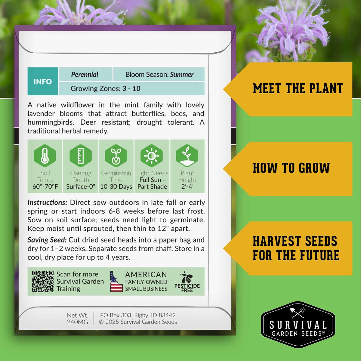 An informational card for Survival Garden Seeds detailing care instructions, growing zones, and seed-saving steps, set against a background of green leaves and flowers with yellow callout banners.