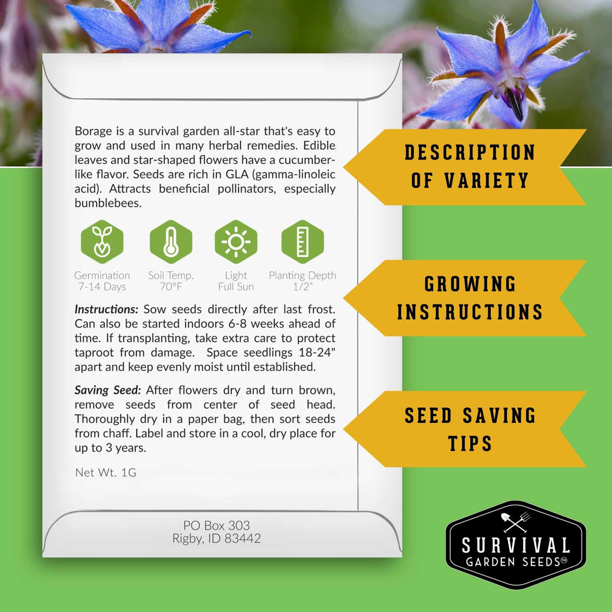 Seed packet back of borage seeds with seed sowing, growing, and saving instructions.