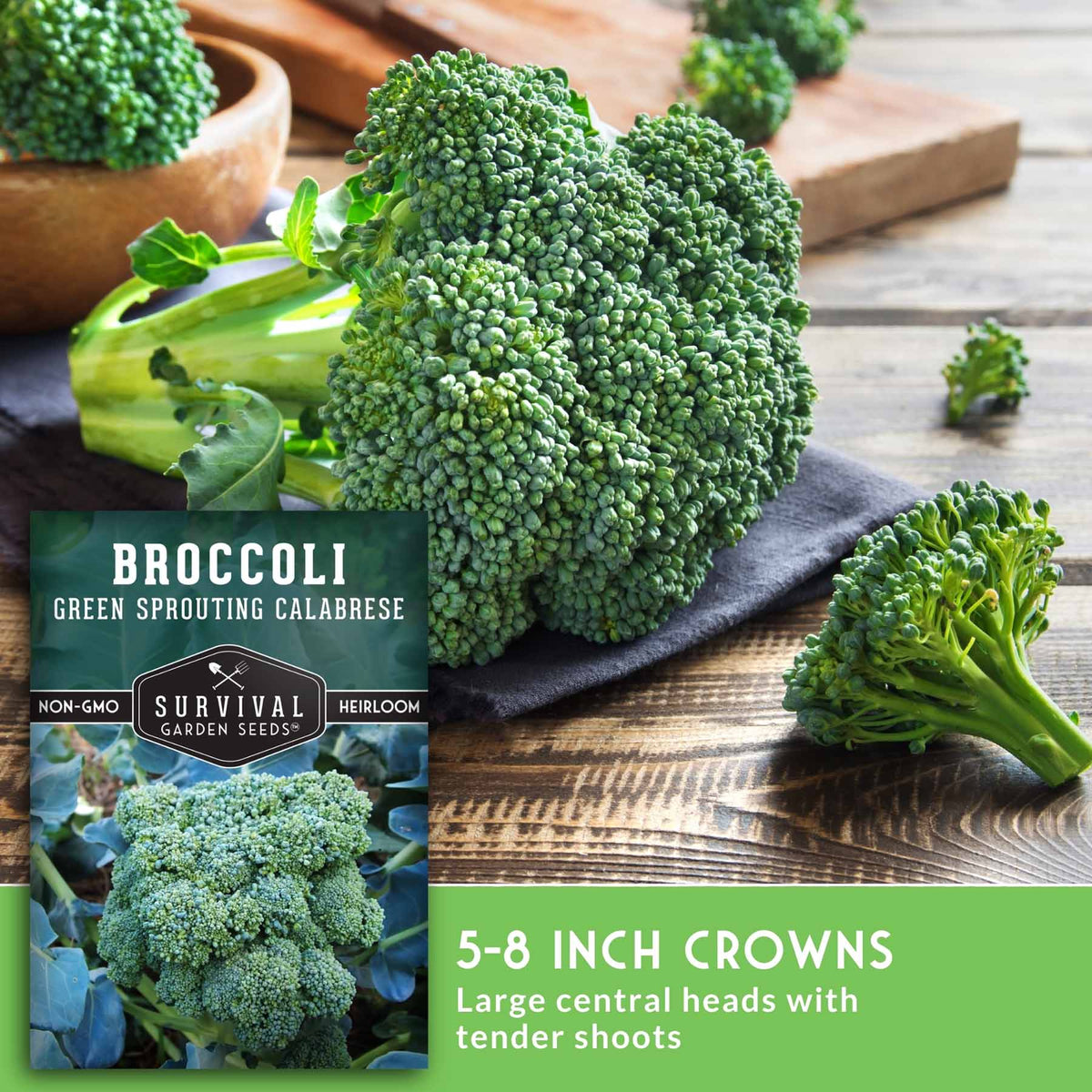 Broccoli seed packaging and fresh broccoli crowns displayed on a rustic wooden table. The package reads 'BROCCOLI GREEN SPROUTING CALABRESE' with the Survival Garden Seeds logo.