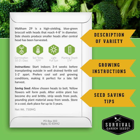 Survival Garden Seeds broccoli seed packet with growing instructions on a green background