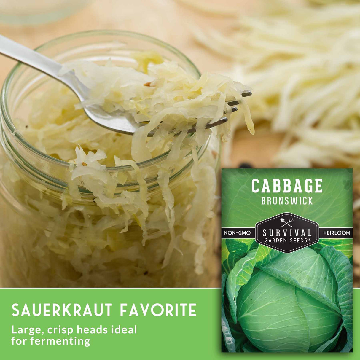 Fermented sauerkraut in a glass jar with a fork, alongside a seed packet labeled 'Cabbage Brunswick' and text reading 'Sauerkraut Favorite.'.