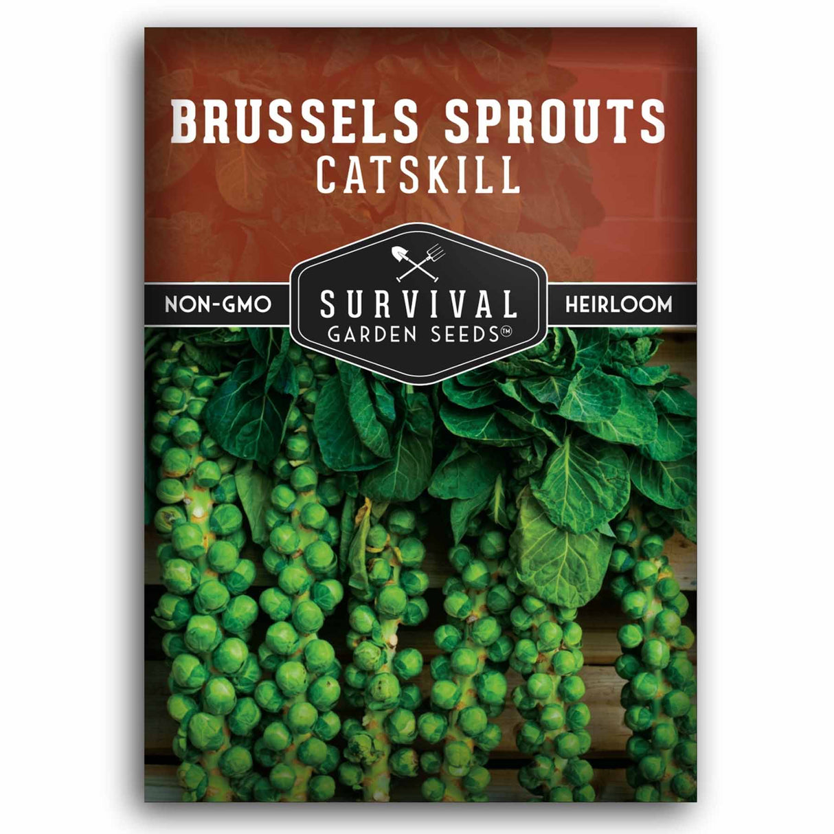 Brussels sprouts seed packet with 'Survival Garden Seeds' branding on a white background