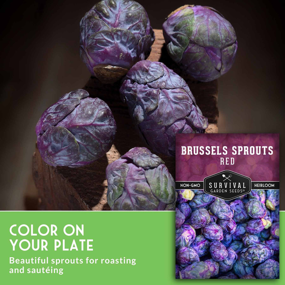 Brussels sprouts seeds promotional image showing several purple Brussels sprouts on a wooden stand, with a green text banner reading 'COLOR ON YOUR PLATE' and a seed packet labeled 'BRUSSELS SPROUTS RED' and 'Survival Garden Seeds'.
