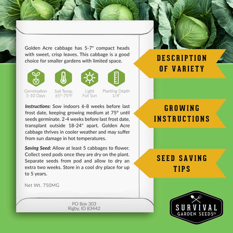 Survival Garden Seeds packaging for Golden Acre cabbage with growing instructions and seed saving tips.