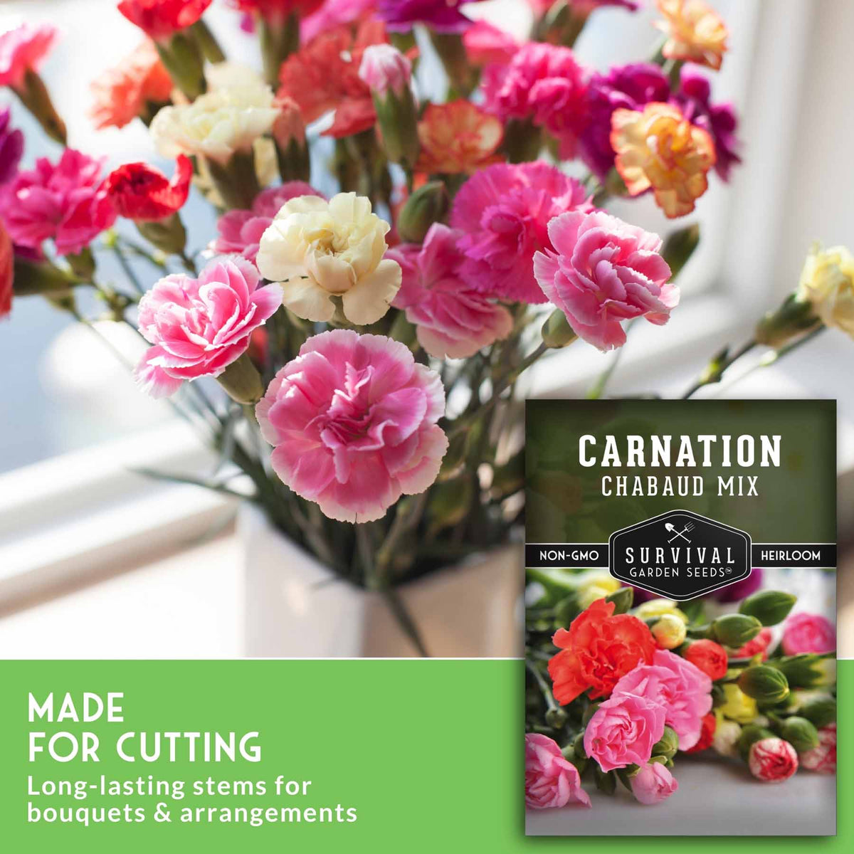 A bouquet of carnation cut flowers in pink, red, cream, and peach tones arranged in a white vase, with a green promotional banner reading 'MADE FOR CUTTING' and a seed packet labeled 'CARNATION CHABAUD MIX' in the lower right.