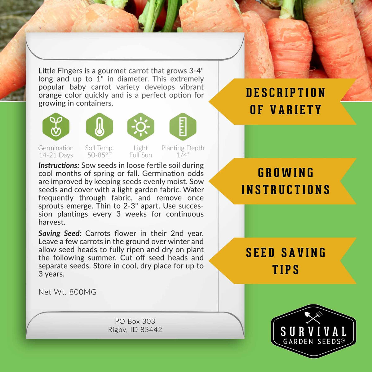 A digital flyer or informational card for 'Little Fingers' carrot seeds by Survival Garden Seeds, displayed on a smartphone screen mockup. The screen shows growing tips, instructions, and seed-saving advice against a green background.