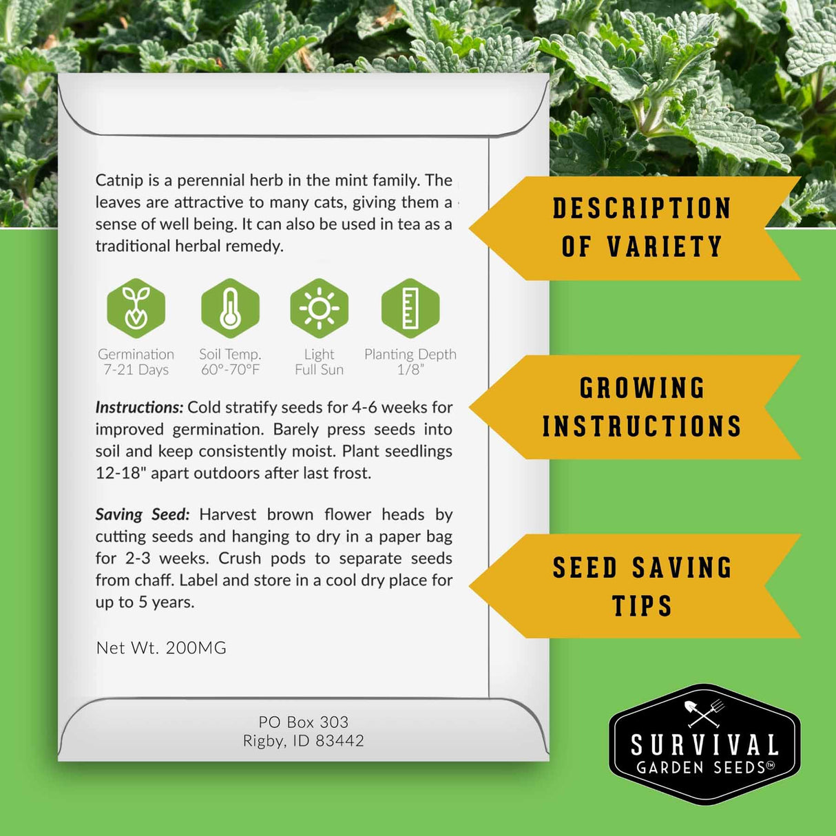 Survival Garden Seeds packaging with text on a green background