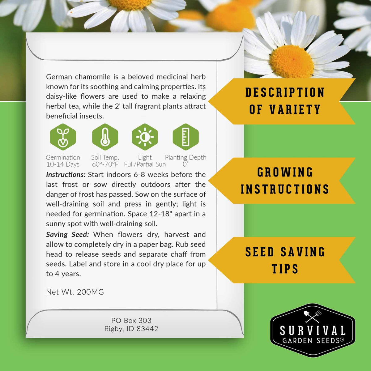 A product information card for German chamomile from Survival Garden Seeds, displayed on a green background with a daisy flower and three yellow callout arrows labeled 'Description of Variety', 'Growing Instructions', and 'Seed Saving Tips'.
