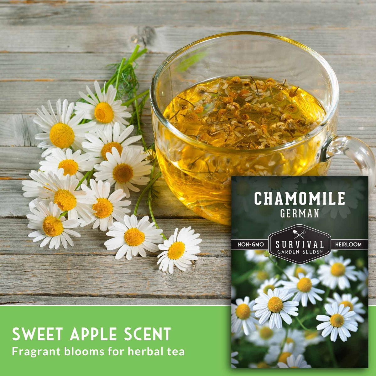A glass cup filled with golden chamomile herbal tea sits on a rustic wooden surface beside white daisies. A seed packet labeled 'Chamomile German' and 'Survival Garden Seeds' is shown in the lower right, with text at the bottom reading 'Sweet Apple Scent' and 'Fragrant blooms for herbal tea.